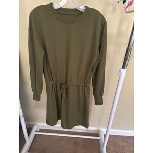 Yarn & Sea Olive Green Drawstring Waist Sweatshirt Dress XS Long Sleeve Mini